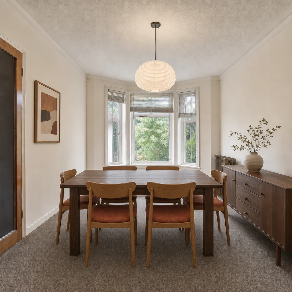 The same dining room with the table turned crosswise to the window, six chairs around it and the sideboard in its original place