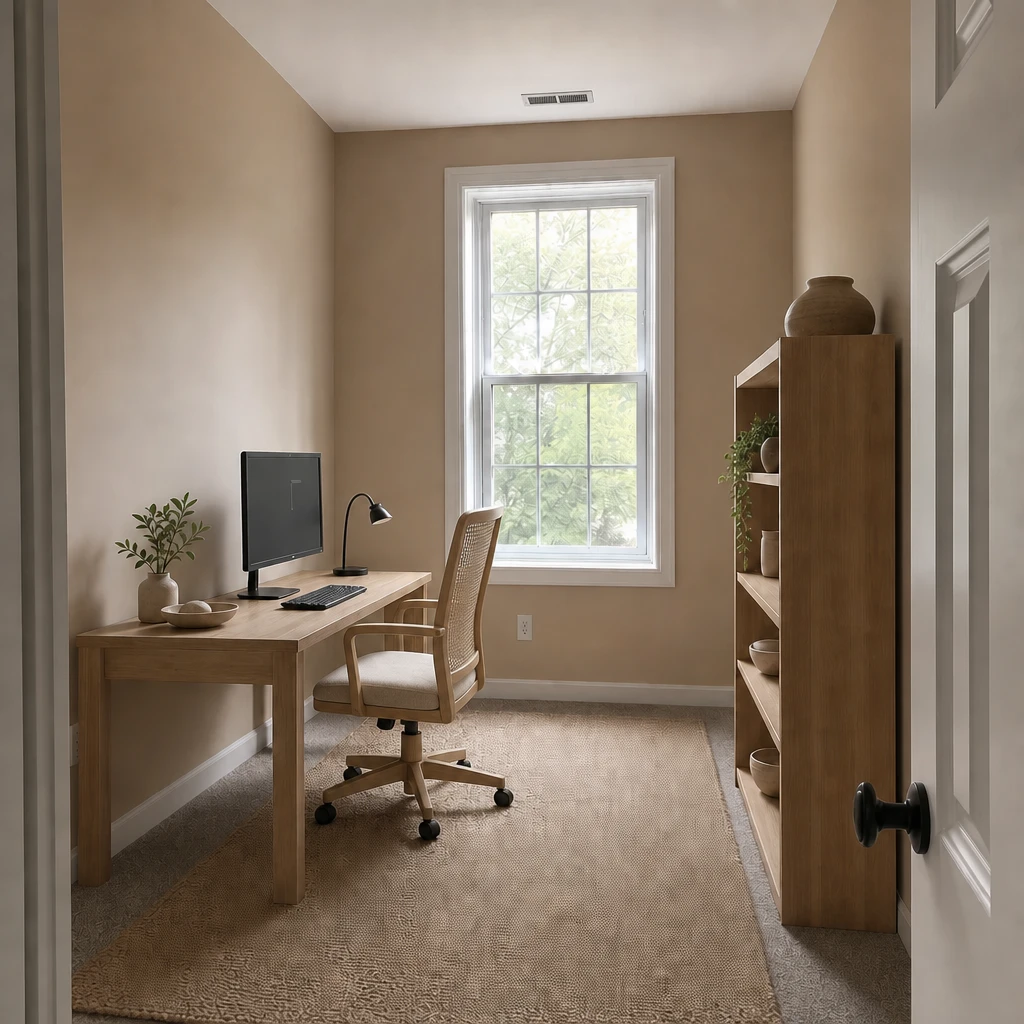 The same study after one swap: a rattan-backed chair at the desk, with everything else left as it was