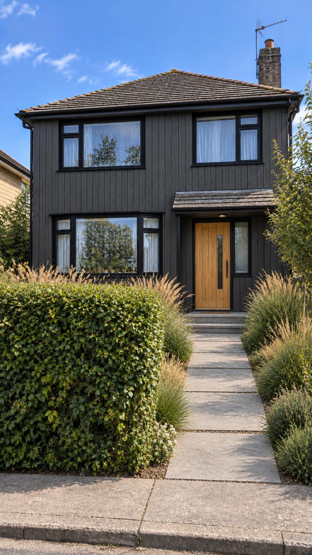 Illustrative AI design of the same house with charcoal vertical cladding, black window frames, an oak front door, a clipped hedge, ornamental grasses and a straight paved path