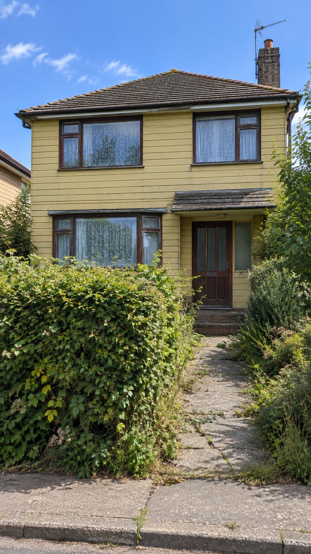 A two-storey house with yellow clapboard siding and a dark brown front door, half hidden behind an overgrown hedge and weeds along a worn path