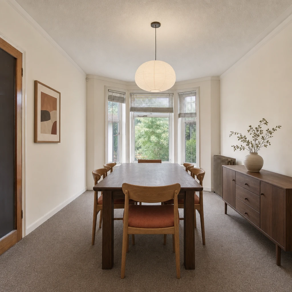 AI-generated Modern heritage design concept. Rich wood, sculptural lighting, and warm color give a familiar dining room a new rhythm.