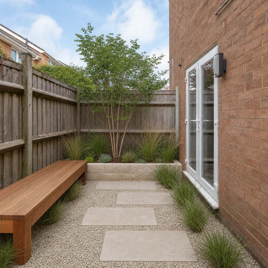 AI-generated Quiet courtyard design concept. Gravel paths, structured planting, and a simple bench turn a forgotten yard into a retreat.