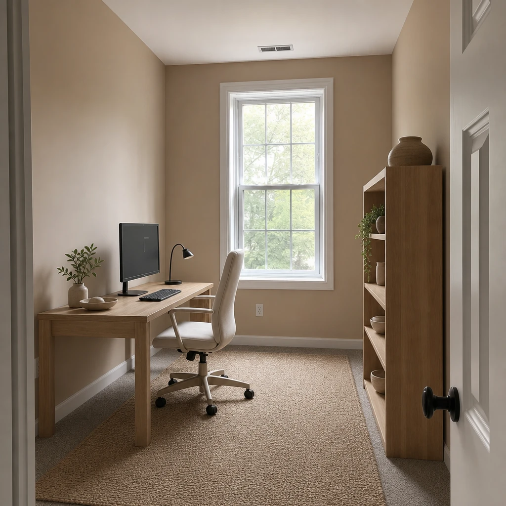 AI-generated Warm minimalism design concept. A thoughtful desk, calm colors, and a place for everything bring focus to a spare room.