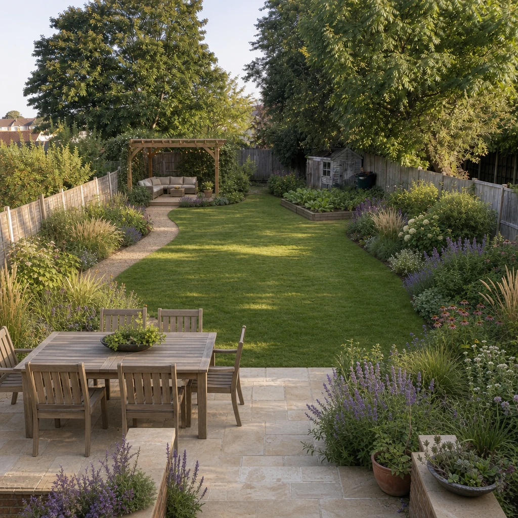 AI-generated Naturalistic garden design concept. A generous lawn, flowing flower borders, and places to gather turn a spacious backyard into a garden for everyday living.