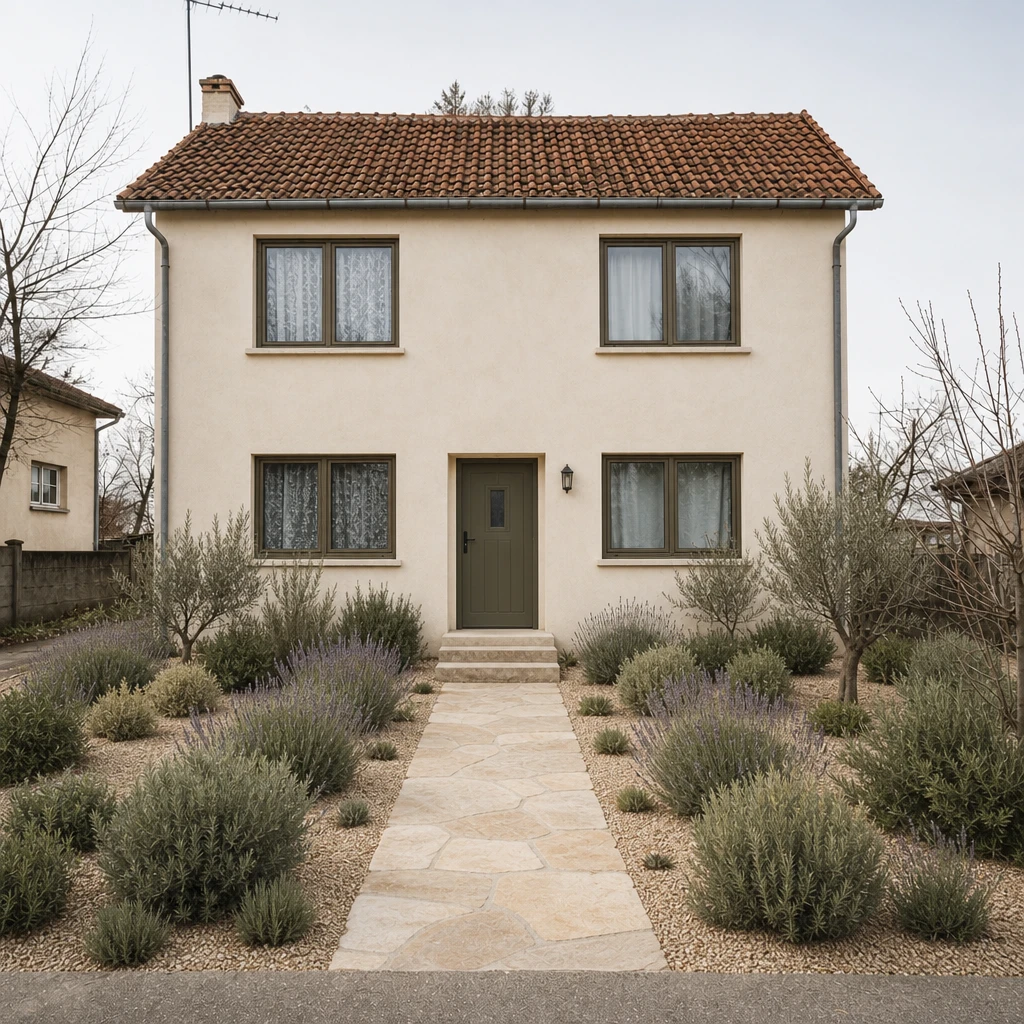 AI-generated Modern Mediterranean design concept. Warm plaster, an earthy front door, and considered planting refresh a modest house.
