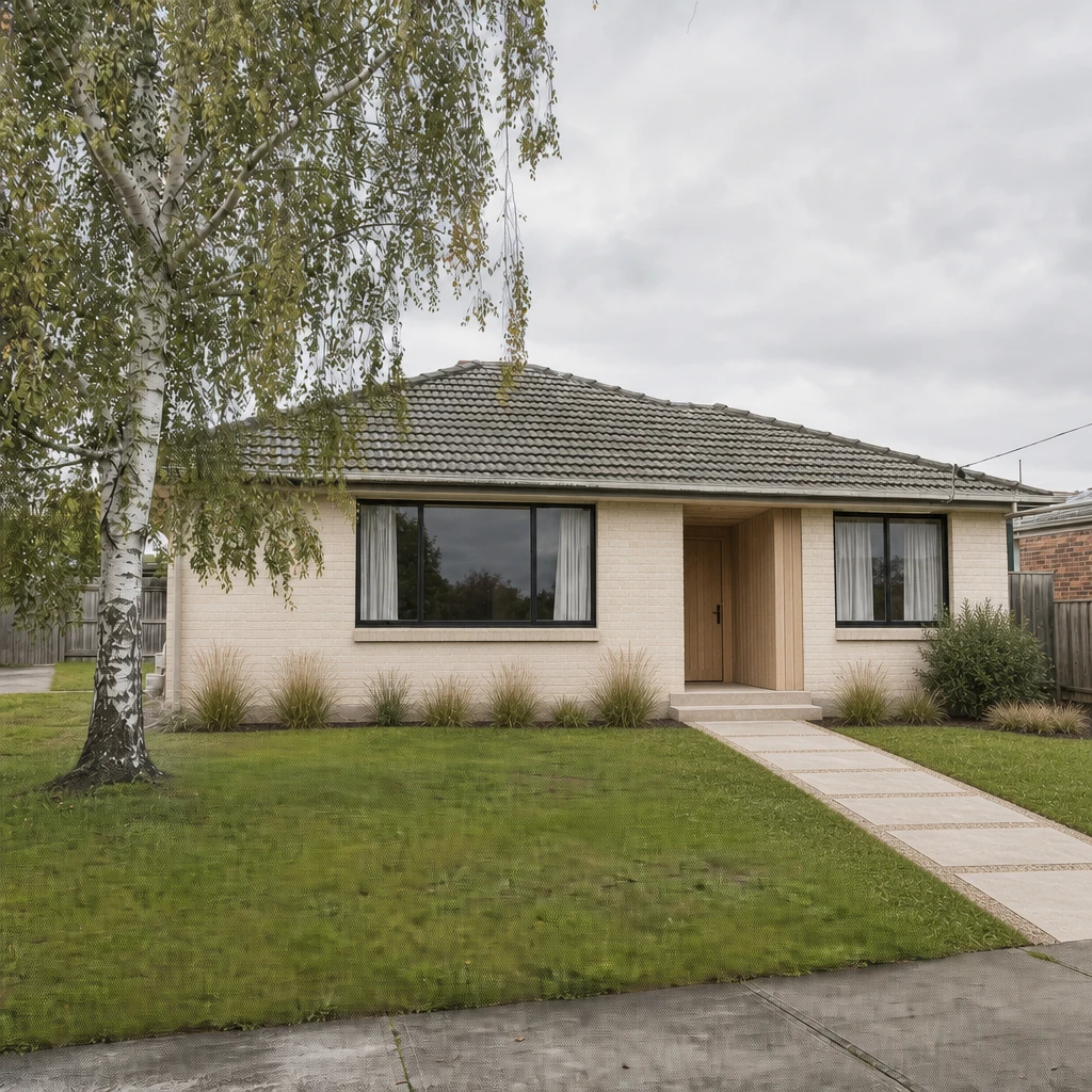 AI-generated Warm Nordic design concept. Creamy brick, natural timber, and a softer approach give a familiar bungalow a welcoming new chapter.