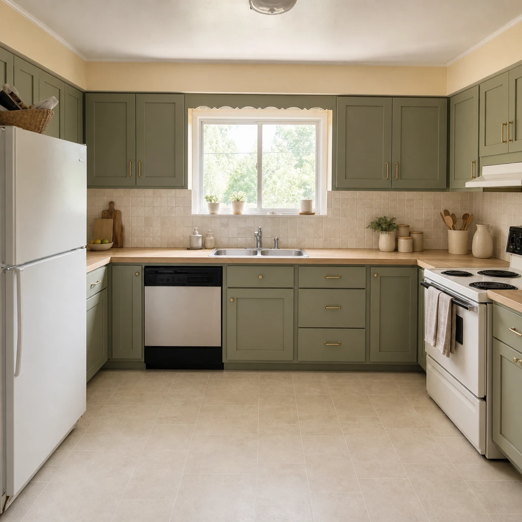 AI-generated Soft Scandinavian design concept. Sage cabinetry, pale oak, and soft light turn a practical kitchen into the heart of the home.