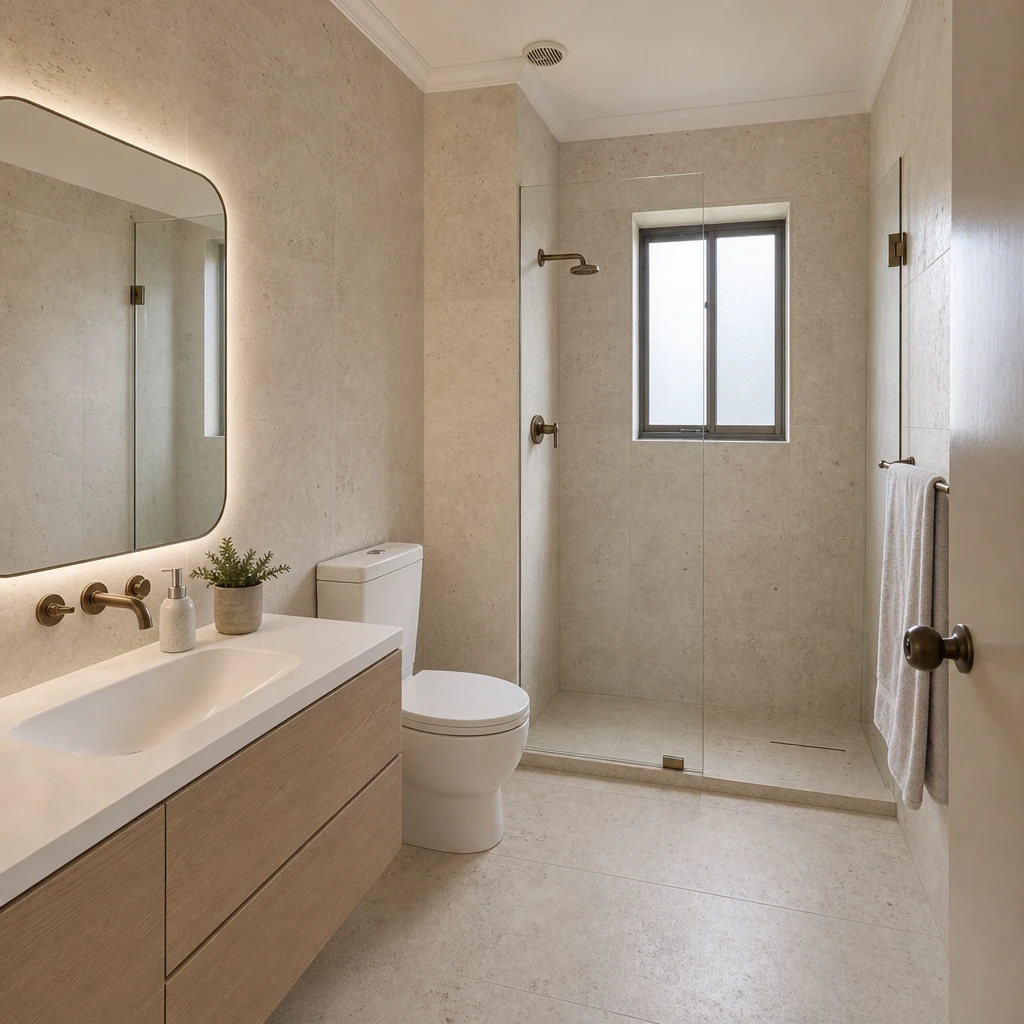 AI-generated Natural stone design concept. Earthy stone, warm wood, and gentle lighting make a small bathroom feel considered.