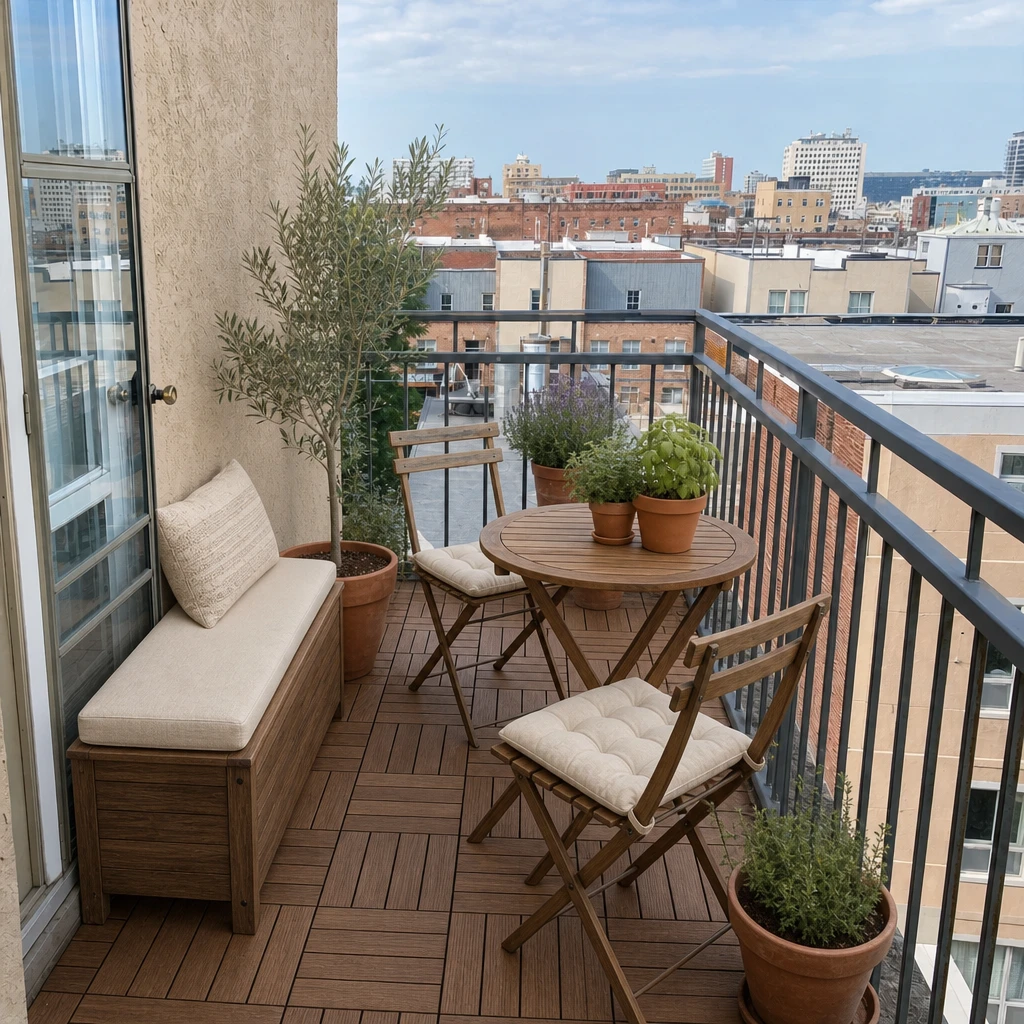 AI-generated Urban greenery design concept. A small balcony becomes a leafy spot for slow coffee and long evenings.