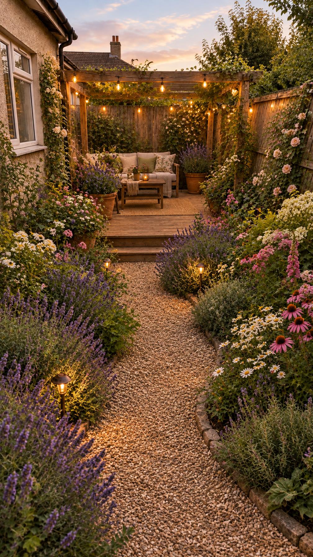 Illustrative AI design of a garden at golden hour: a curving gravel path lined with lavender and flowers, a timber deck with a pergola, string lights and a lounge seating area