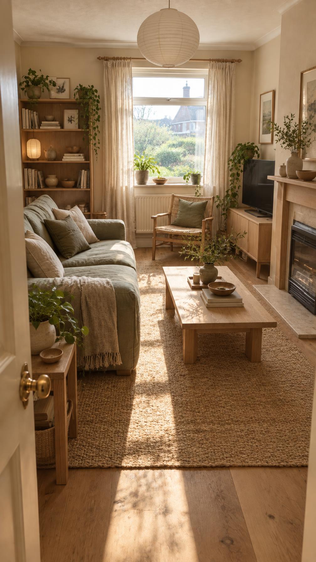 The same living room as an illustrative AI design, with a sage-green sofa, a paper lantern pendant, a jute rug, a light oak coffee table and a rattan armchair