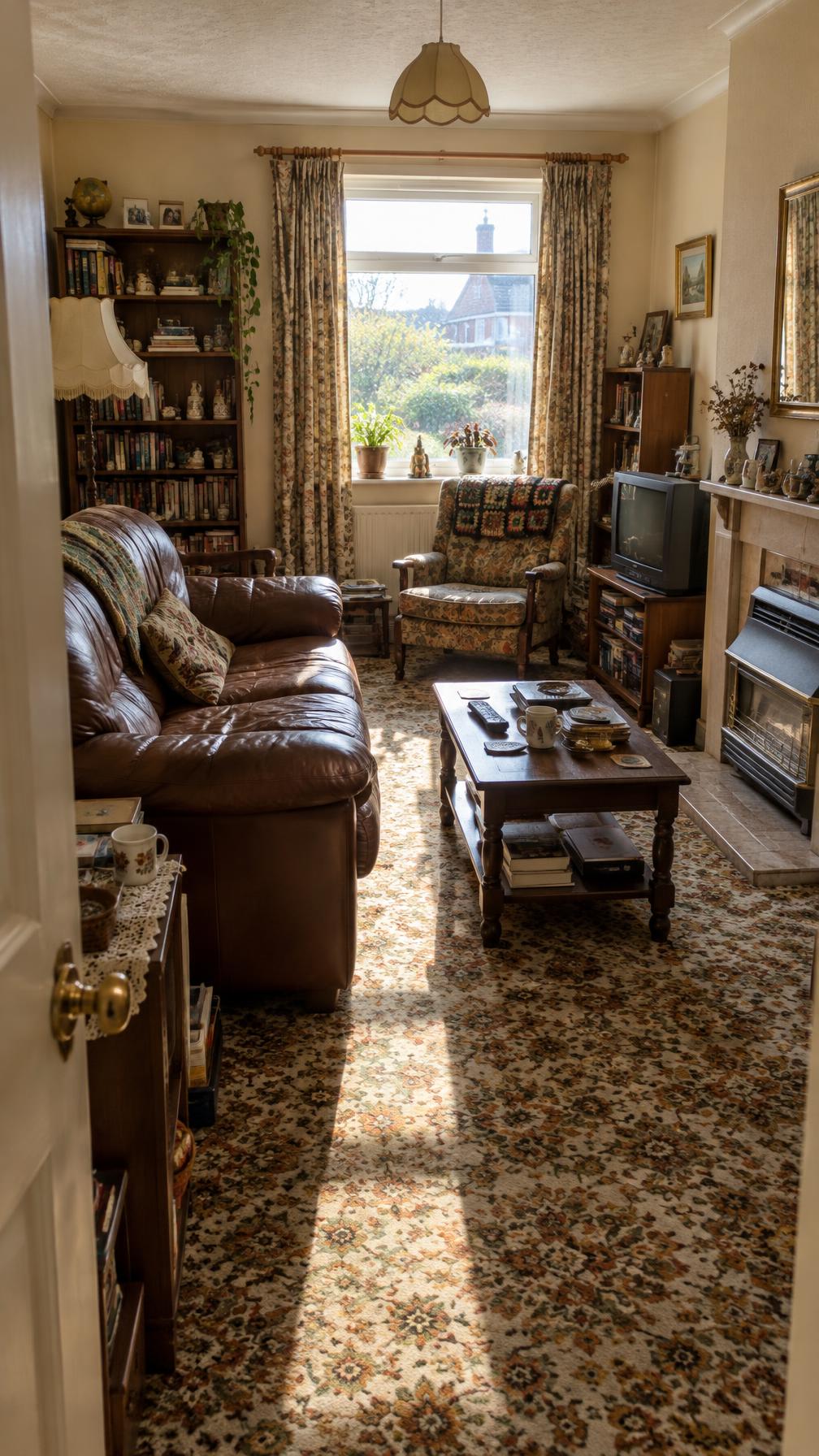 The original living room: a brown leather sofa, floral curtains, a patterned carpet, a dark wood coffee table and bookshelves