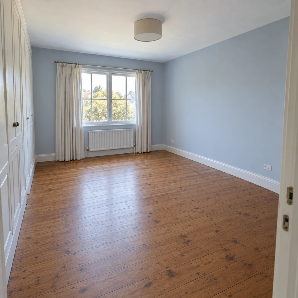 Bedroom digitally emptied, retaining its original architecture and finishes