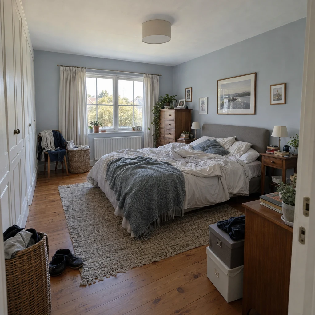 Bedroom furnished and cluttered before digital emptying