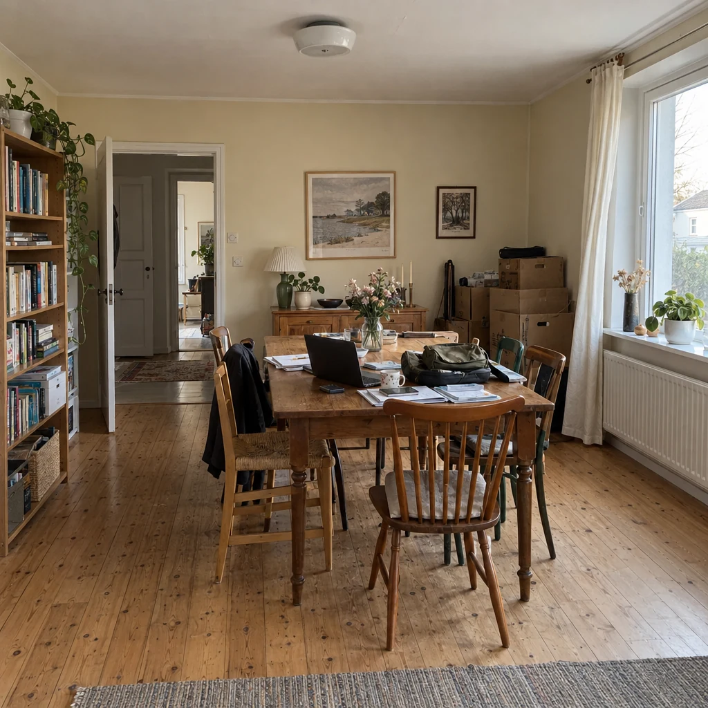 Dining room furnished and cluttered before digital emptying
