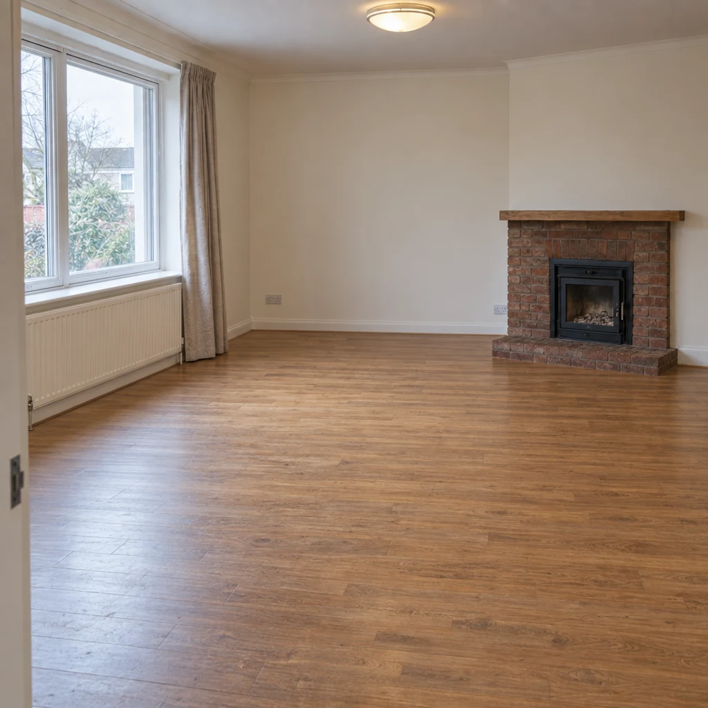 Living room digitally emptied, retaining its original architecture and finishes