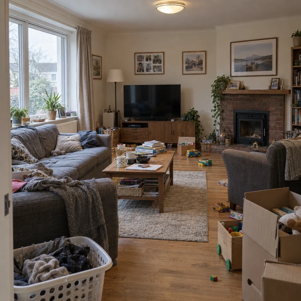 Living room furnished and cluttered before digital emptying