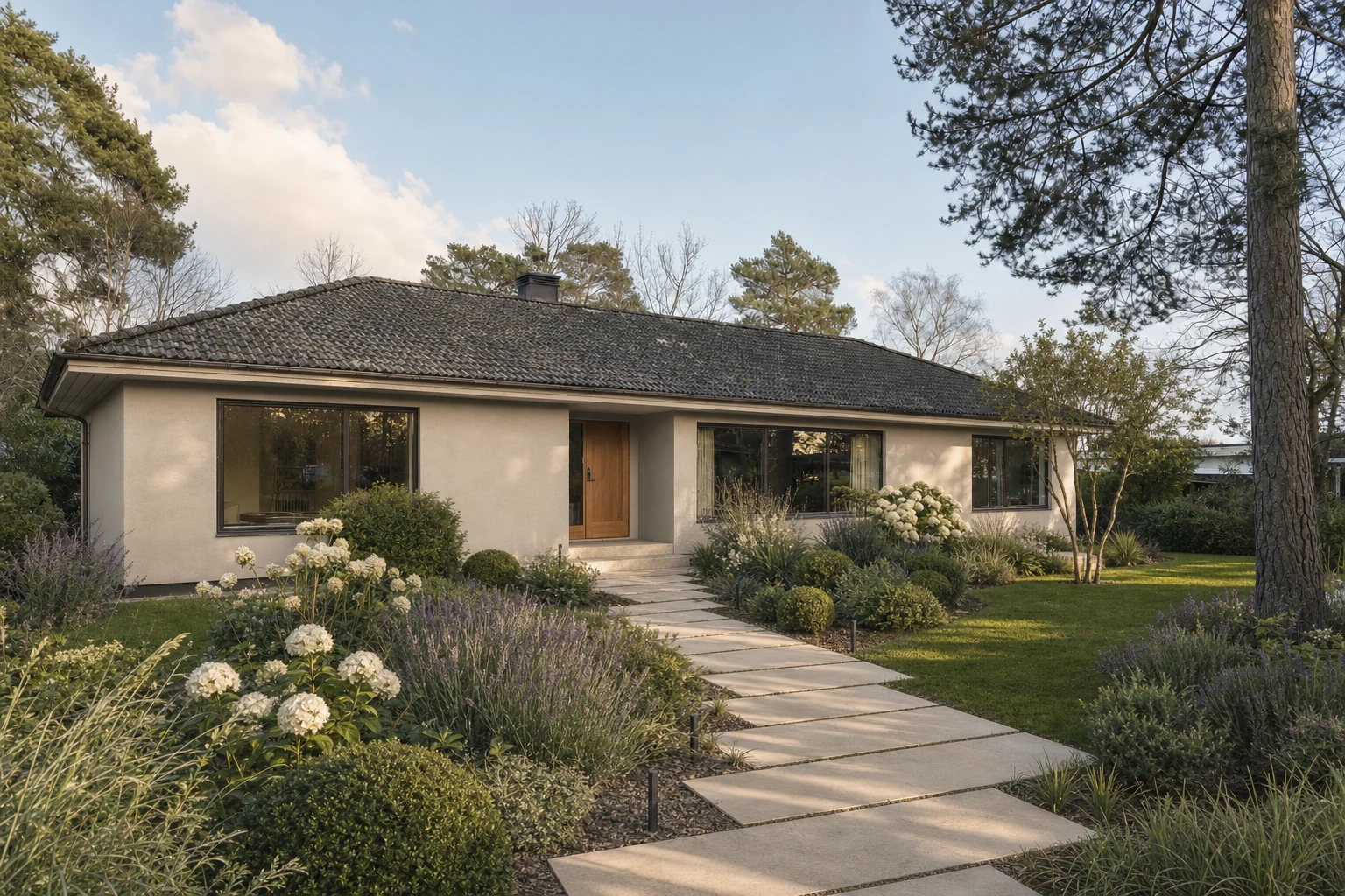 Renovated bungalow with a warm greige painted concrete-render facade, limestone path and lush landscaped garden