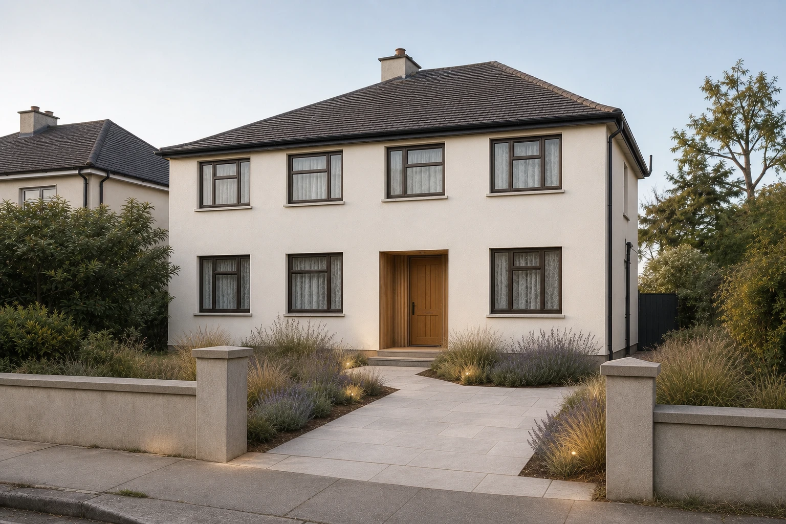 The same house as an illustrative concept with cream render, dark window frames, an oak front door, lavender and grasses, and a pale paved path