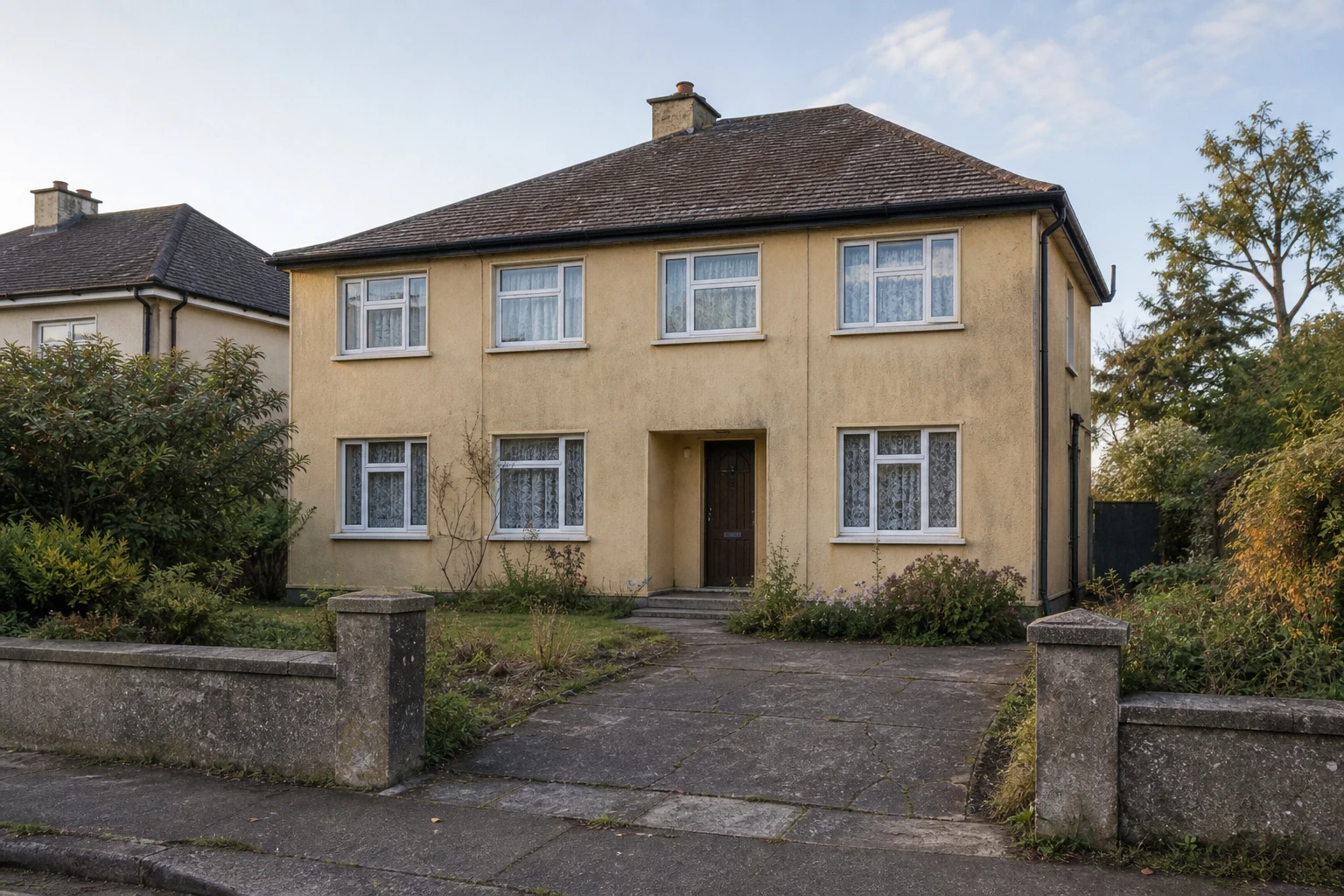 A two-storey house with weathered yellow render, white windows, a worn driveway and overgrown planting
