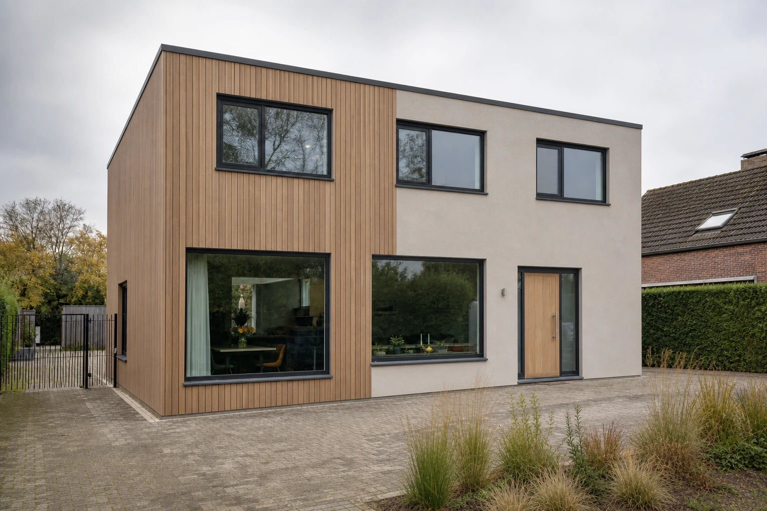 The same house with vertical timber cladding on the left half, grey-beige render on the right and an oak front door