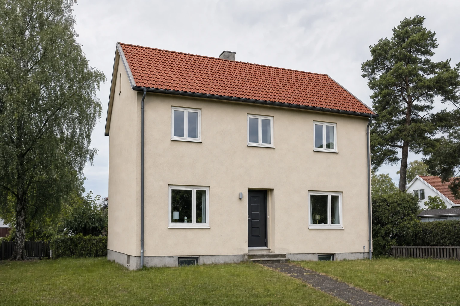 The same house with a red clay-tile roof and everything else unchanged