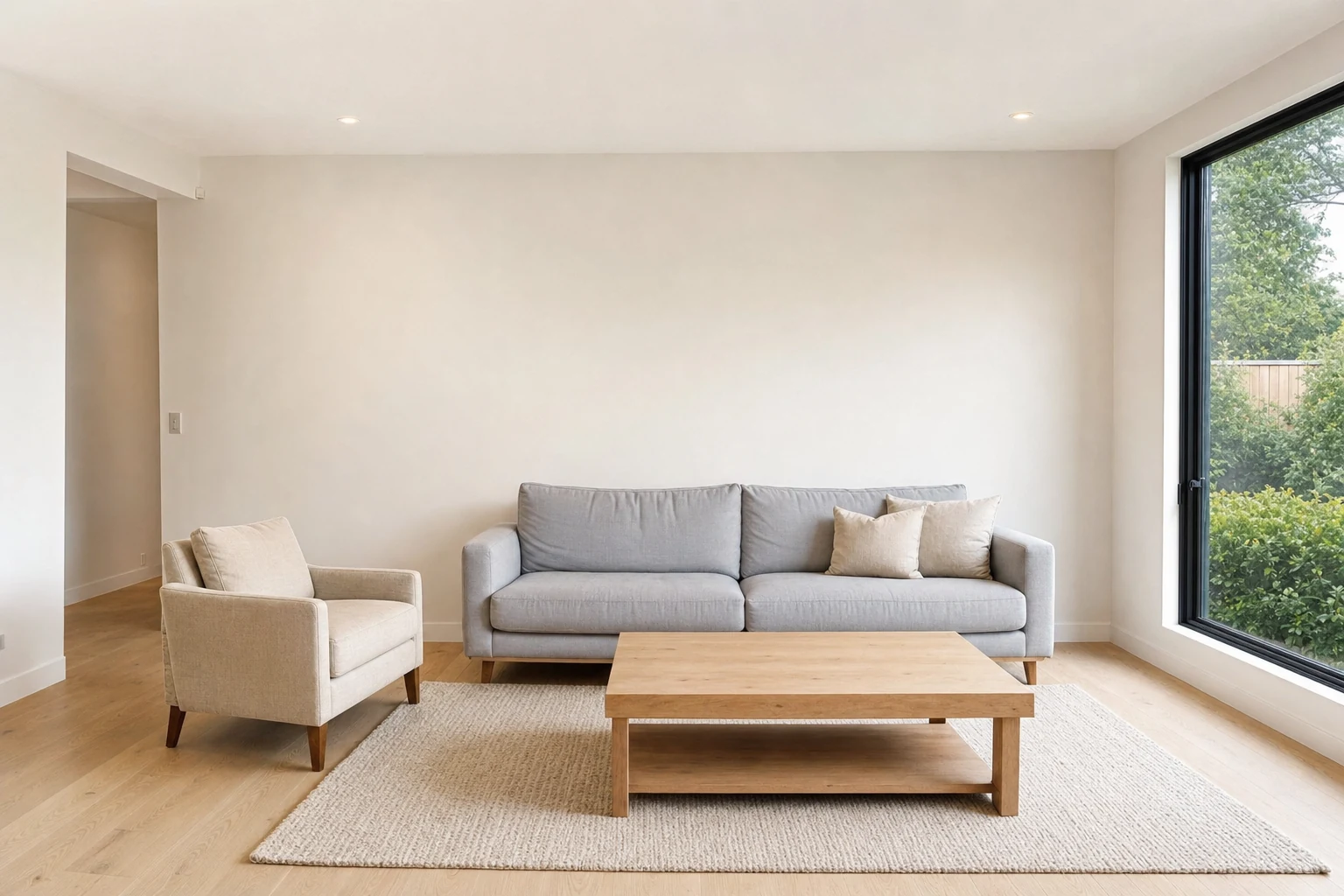 A bright living room with a pale grey sofa, a beige armchair, a light oak coffee table, a woven rug and oak flooring