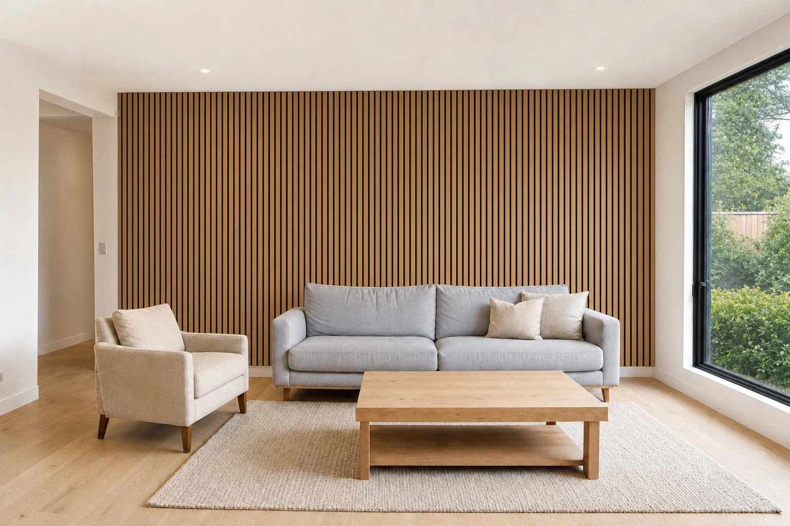 The same living room with the plain wall replaced by an oak slat feature wall, the sofa, armchair, table and rug unchanged
