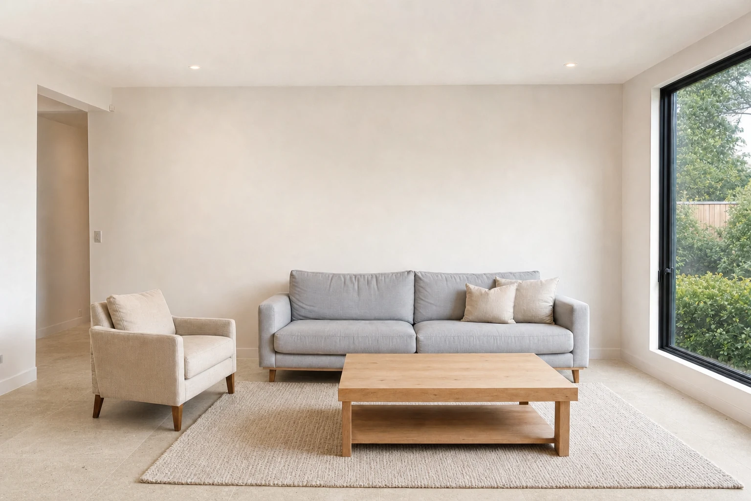 The same living room with the oak flooring replaced by pale beige stone-look tiles and everything else unchanged